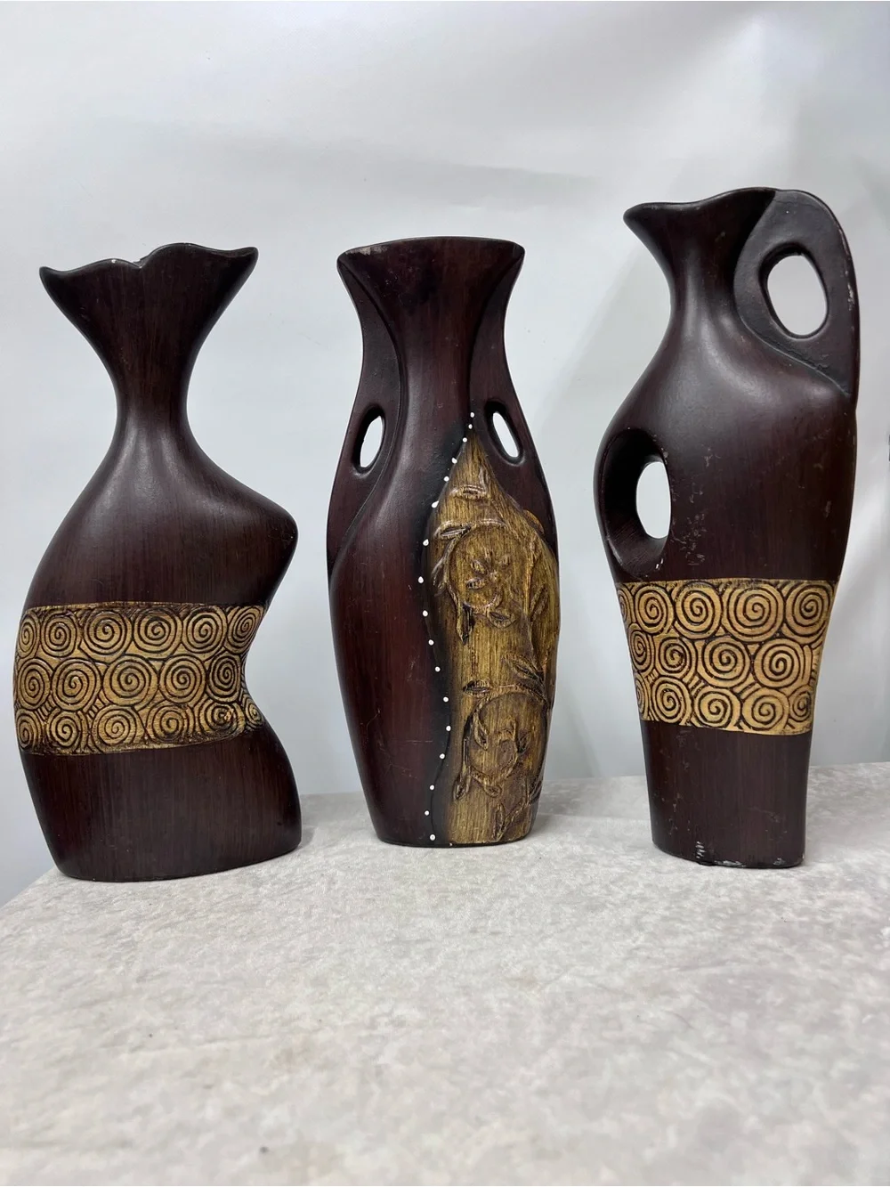 Brown Decorative Vase Set spiral accents 3 piece FLAWED